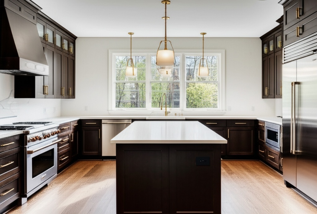Luxurious modern kitchen remodel in Katy with white quartz countertops and gold hardware
