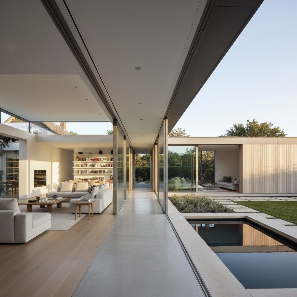 Home extension in Katy TX with glass walls opening onto the pool and garden