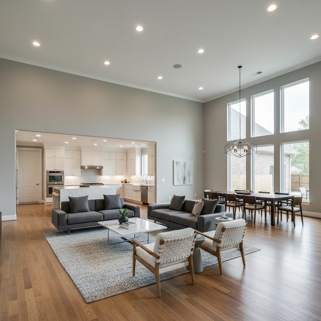 Whole home remodel in Katy TX with open concept living dining and kitchen under high ceilings