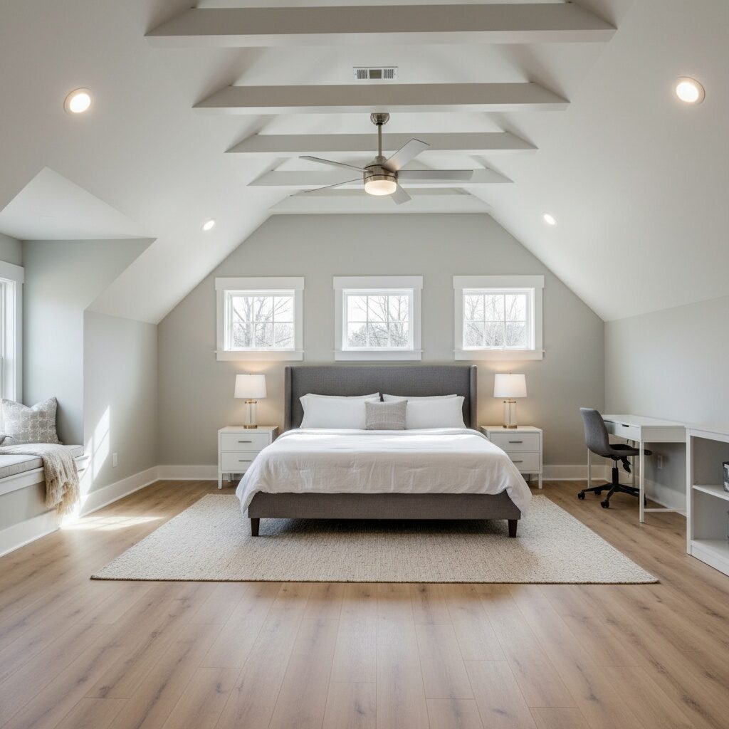 Finished garage conversion in Katy TX used as a bright guest bedroom with dormer windows
