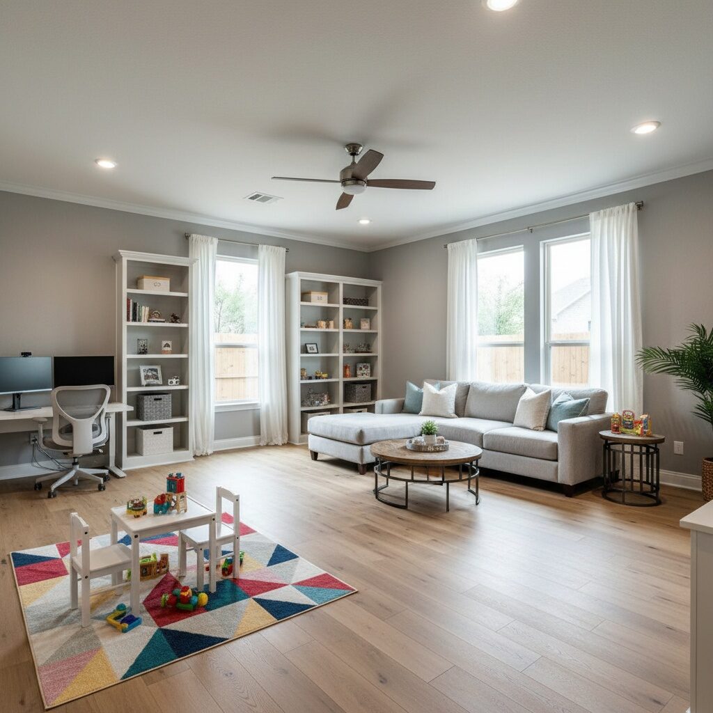 Garage conversion in Katy TX finished as a family living room with sectional seating and built-in shelving