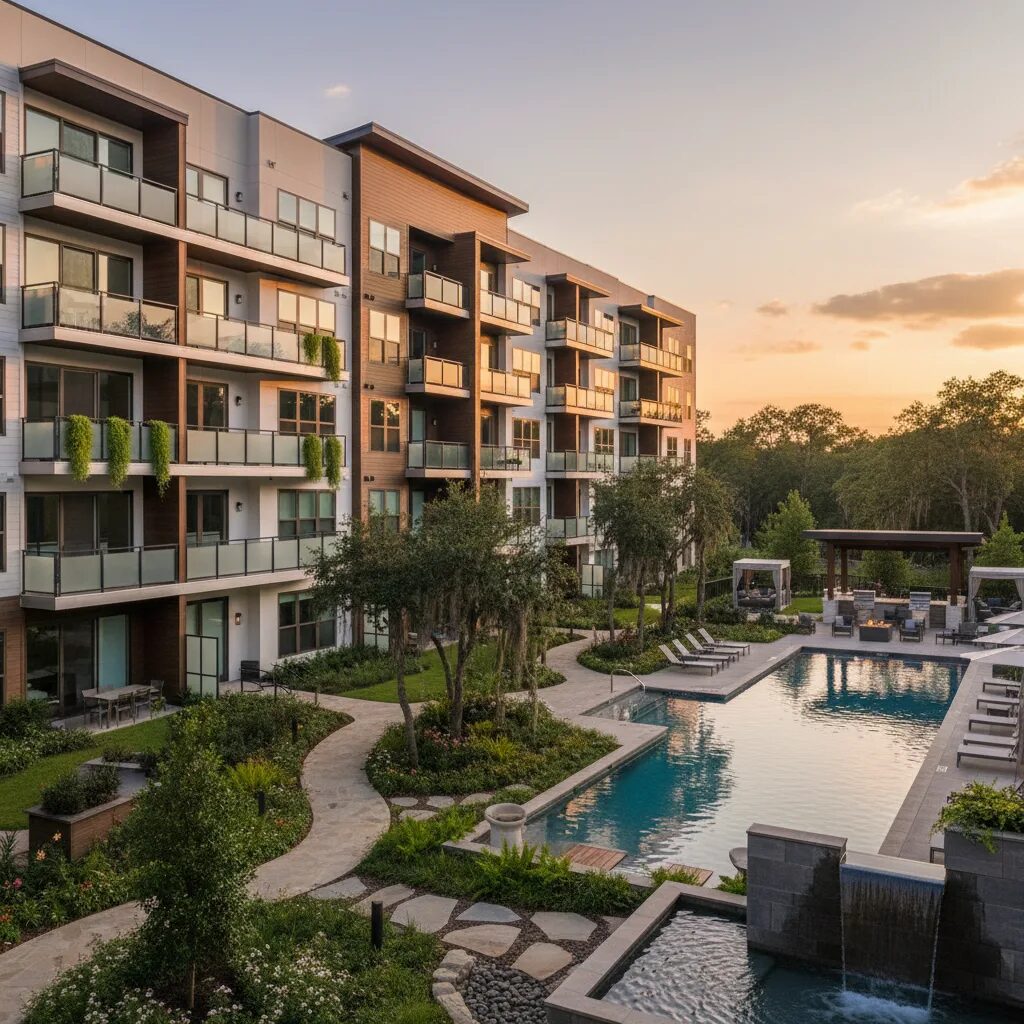Multifamily apartment community near Katy TX with balconies landscaping and pool area